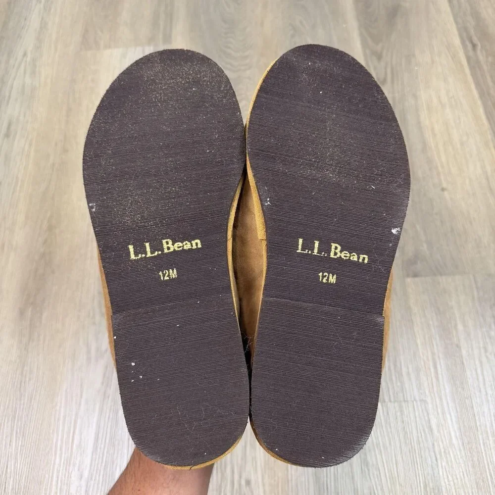 L.L. Bean Slipper Shoes Mens Size 12 Brown Suede Shearling Lined Moccasin Indoor